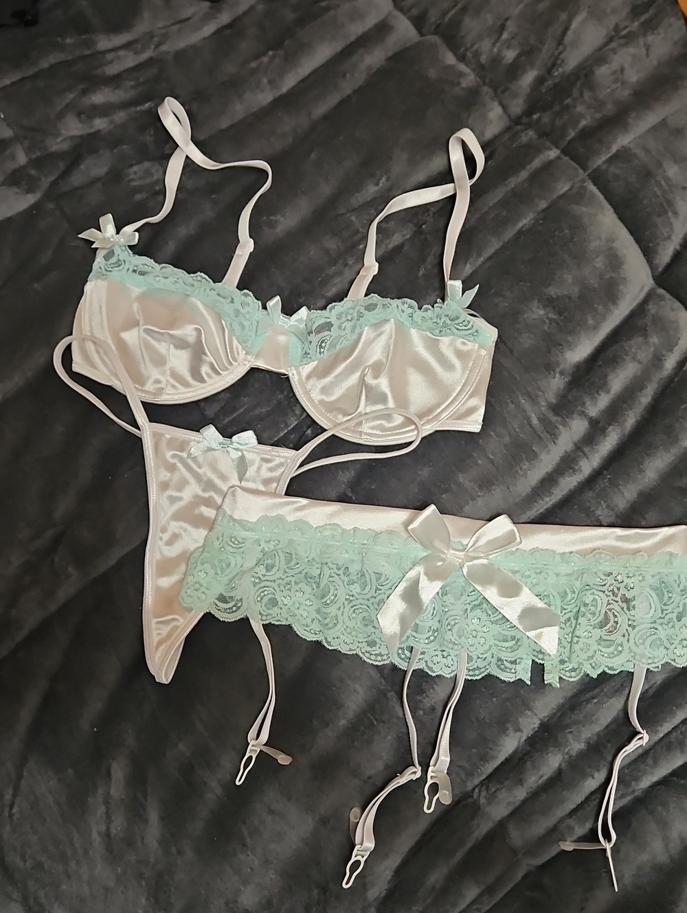 Satin Underwire Bra & Lace Garter Set in Mint Trim